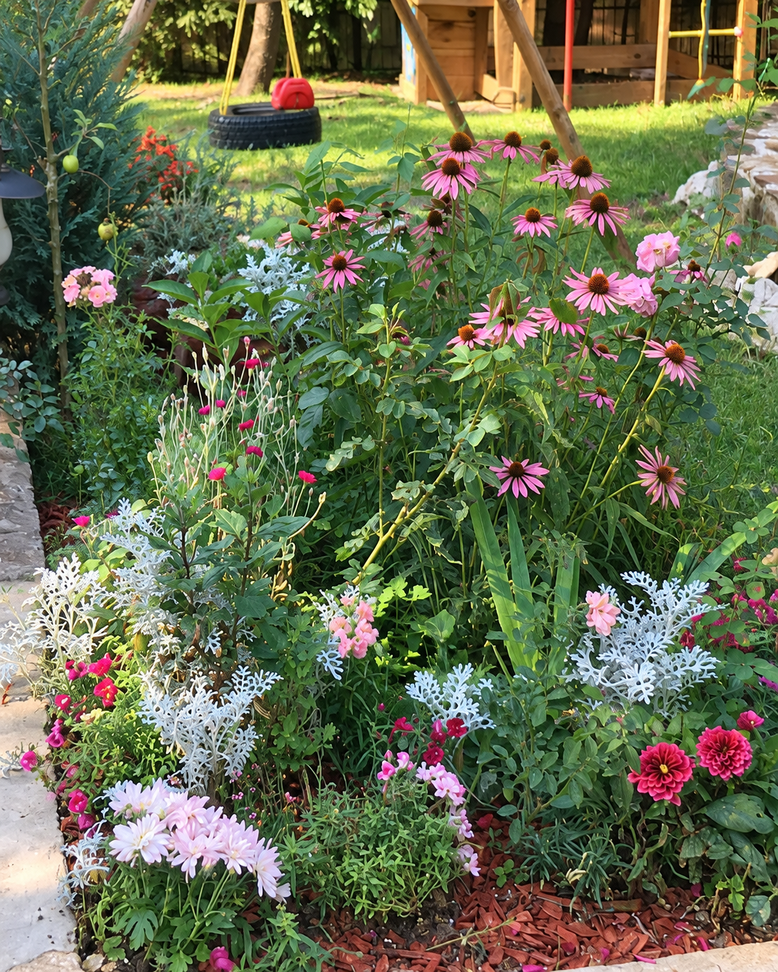 Echinacea și plante perene în grădina din Bran