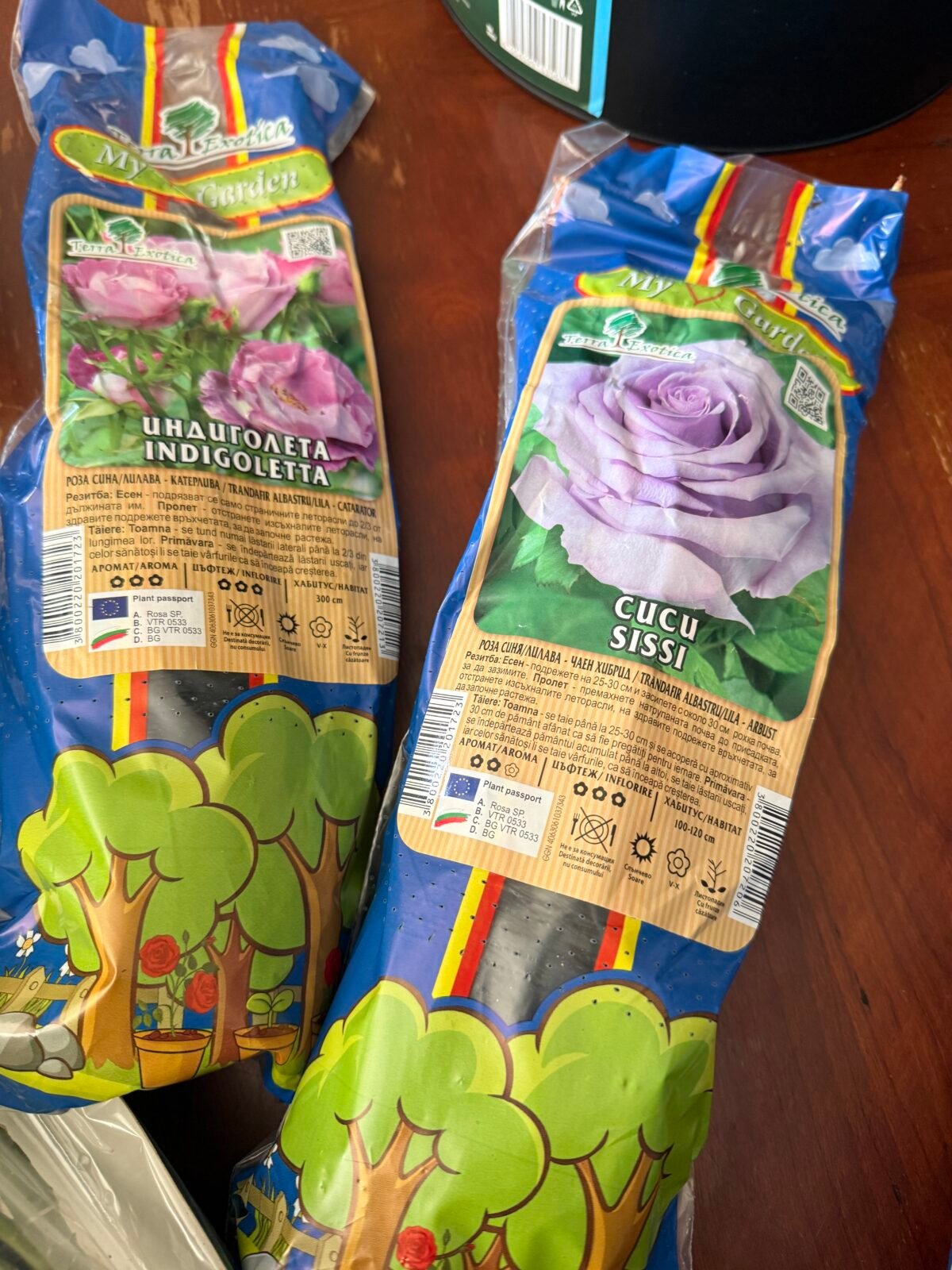 The packaging of the Indigoletta and Sissi roses from Terra Exotica